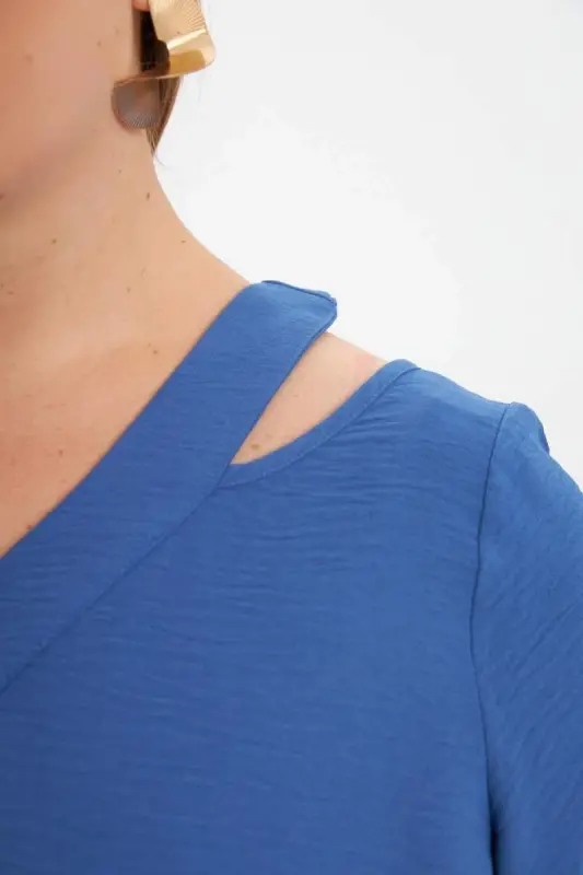 Collar Detailed Slit Plus Size Dress Indigo - 2