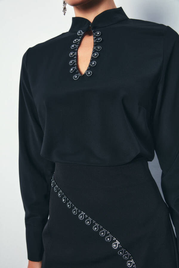 Collar Drop Detail Blouse - BLACK - 11