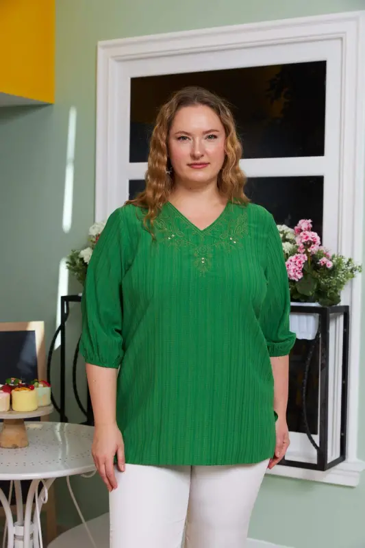 Collar Embroidered and Stone Detailed Plus Size Crinkle Blouse Green - 1