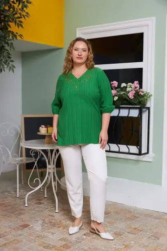 Collar Embroidered and Stone Detailed Plus Size Crinkle Blouse Green - 8
