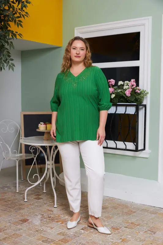 Collar Embroidered and Stone Detailed Plus Size Crinkle Blouse Green - 8
