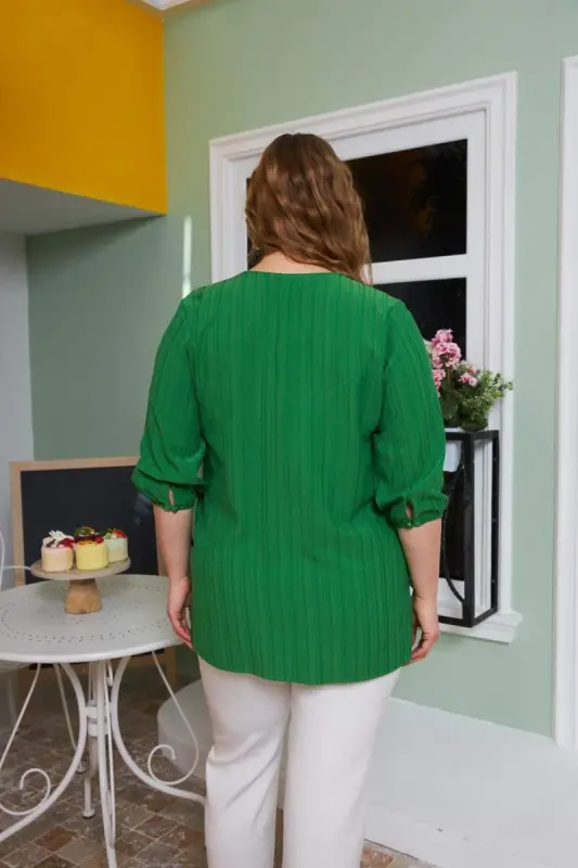Collar Embroidered and Stone Detailed Plus Size Crinkle Blouse Green - 4