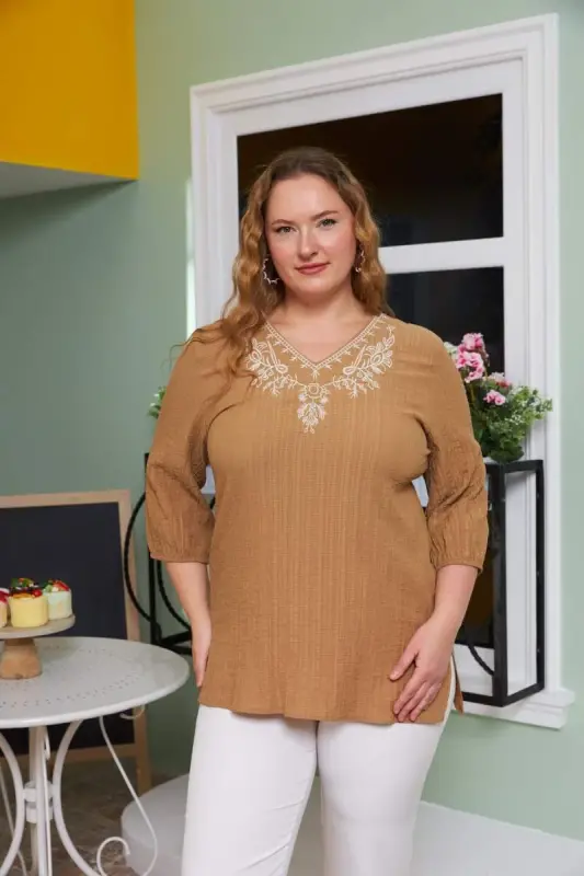 Collar Embroidery and Stone Detailed Plus Size Crinkle Blouse Mink - 1