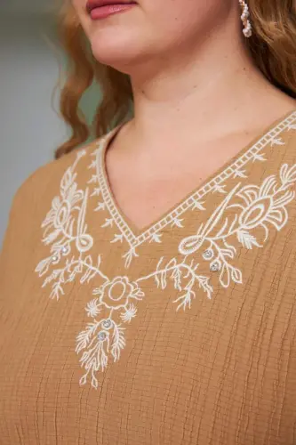 Collar Embroidery and Stone Detailed Plus Size Crinkle Blouse Mink - BÜYÜKBEDENIZ (1)