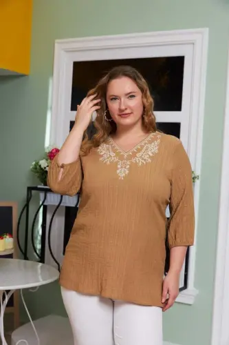 Collar Embroidery and Stone Detailed Plus Size Crinkle Blouse Mink - 3