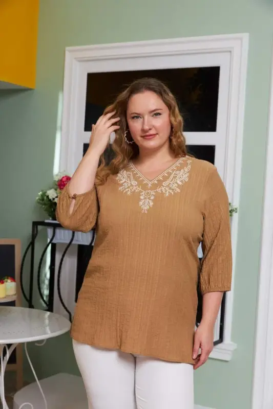 Collar Embroidery and Stone Detailed Plus Size Crinkle Blouse Mink - 3