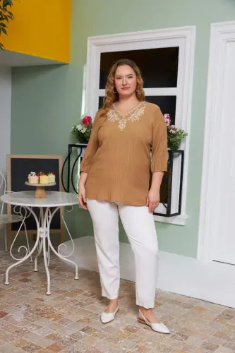 Collar Embroidery and Stone Detailed Plus Size Crinkle Blouse Mink - 5