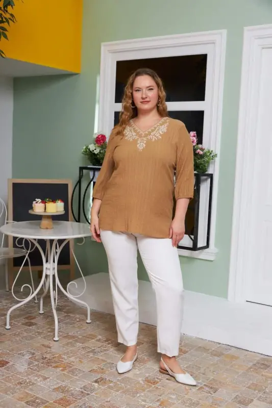 Collar Embroidery and Stone Detailed Plus Size Crinkle Blouse Mink - 5