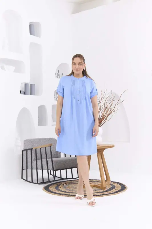 Collar Pleated Plus Size Blue Dress - BÜYÜKBEDENIZ