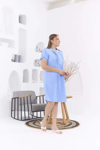 Collar Pleated Plus Size Blue Dress - BÜYÜKBEDENIZ (1)