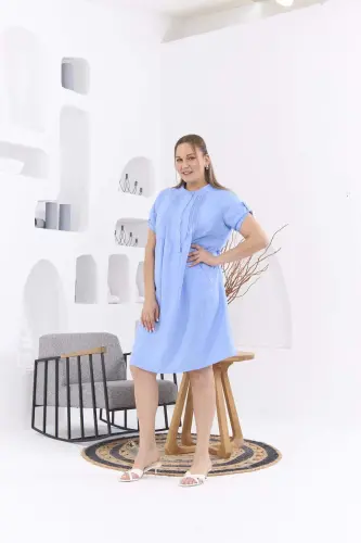 Collar Pleated Plus Size Blue Dress - 3