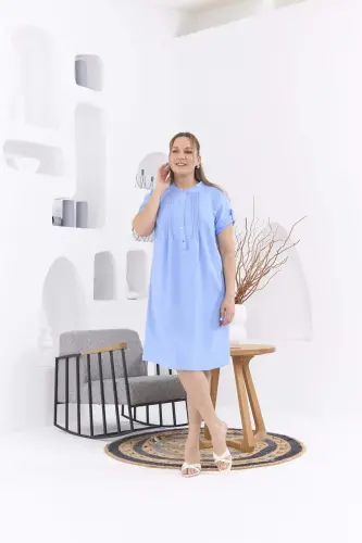 Collar Pleated Plus Size Blue Dress - 4