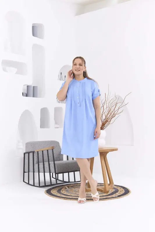 Collar Pleated Plus Size Blue Dress - 4