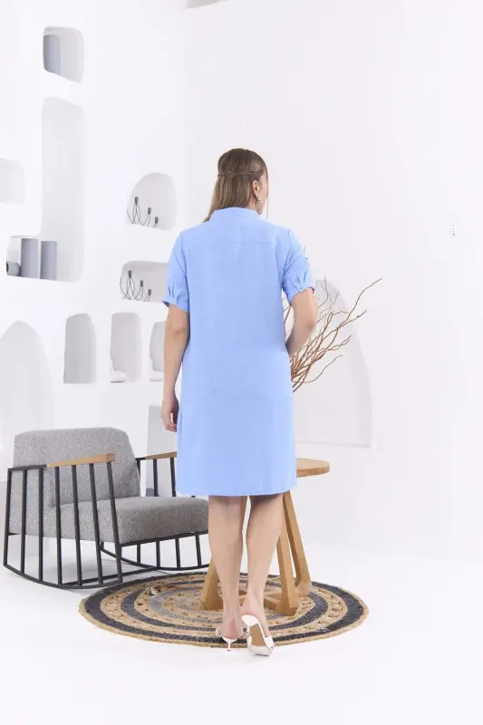 Collar Pleated Plus Size Blue Dress - 5