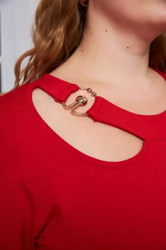 Collar Ring Detailed Plus Size T-Shirt Red - 3
