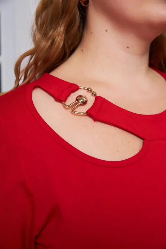 Collar Ring Detailed Plus Size T-Shirt Red - 3