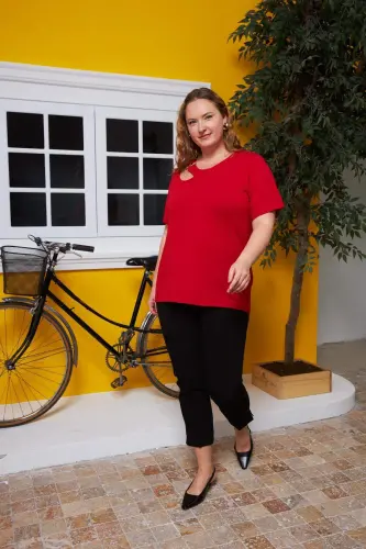 Collar Ring Detailed Plus Size T-Shirt Red - 5