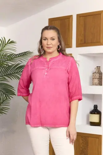 Collar Sequin Detailed Plus Size Fuchsia Blouse - 3