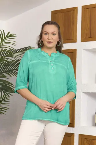 Collar Sequin Detailed Plus Size Green Blouse - 1