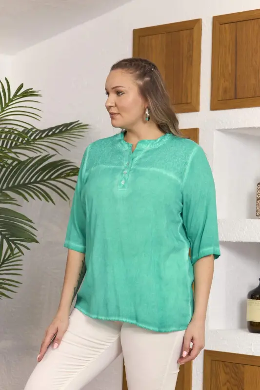 Collar Sequin Detailed Plus Size Green Blouse - 3
