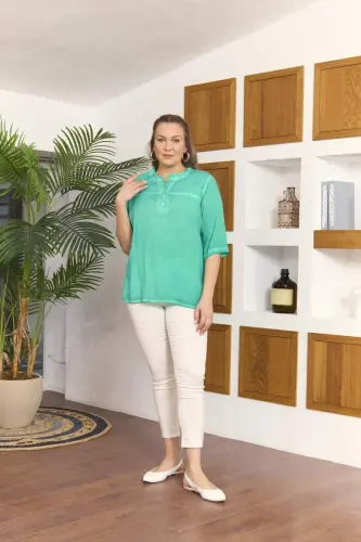 Collar Sequin Detailed Plus Size Green Blouse - 5