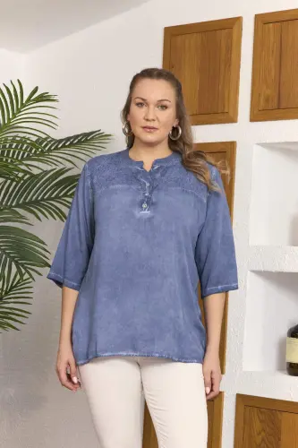 Collar Sequin Detailed Plus Size Indigo Blouse - 1