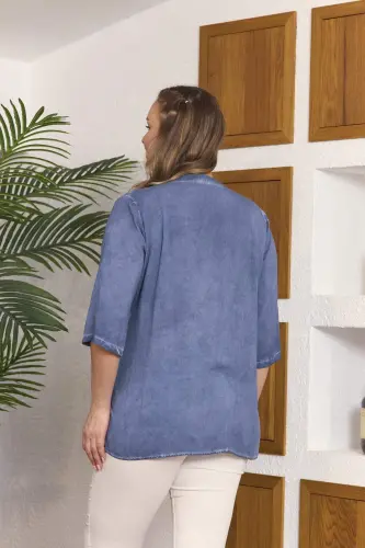 Collar Sequin Detailed Plus Size Indigo Blouse - 4