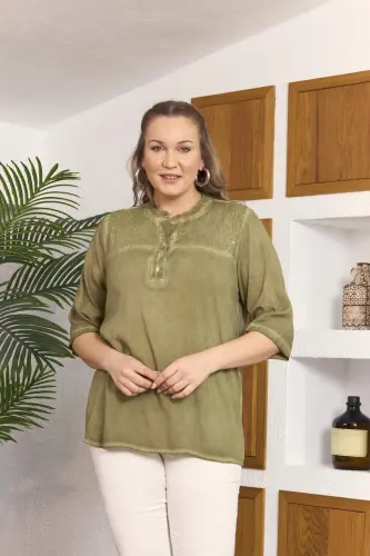 Collar Sequin Detailed Plus Size Khaki Blouse - 3