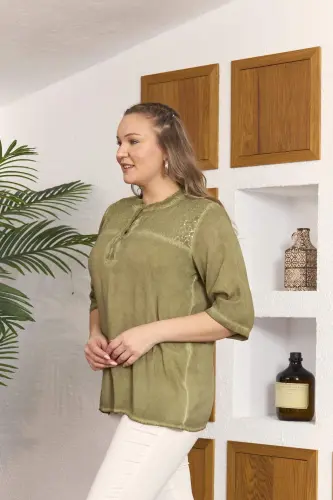 Collar Sequin Detailed Plus Size Khaki Blouse - 4