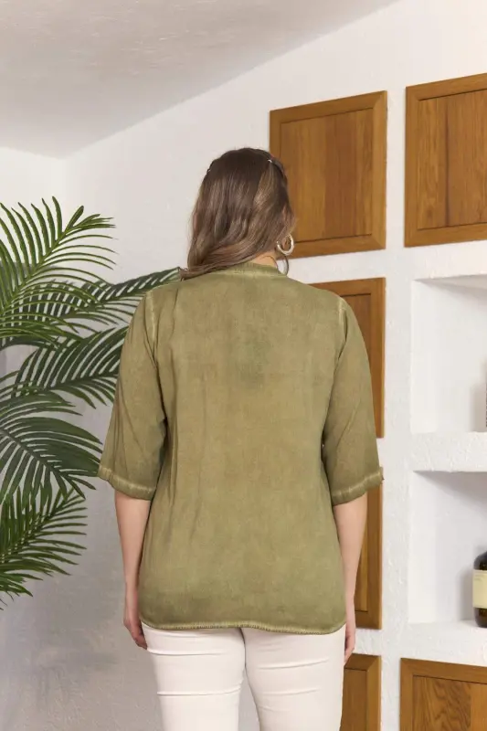 Collar Sequin Detailed Plus Size Khaki Blouse - 5