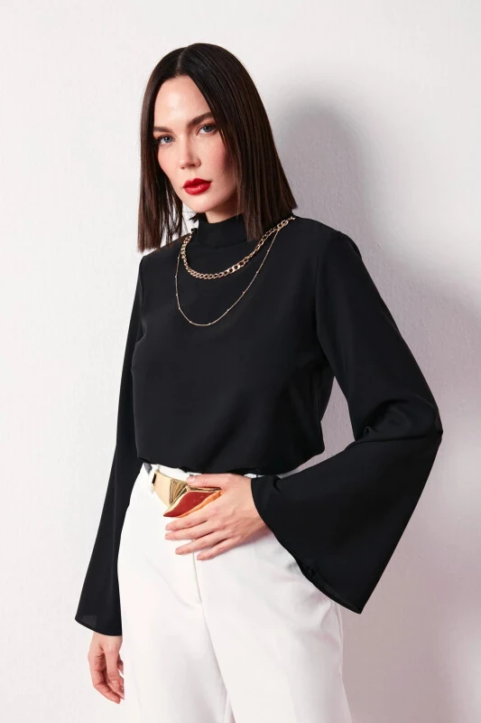Collar Spanish Sleeve Blouse - Black - Sateen