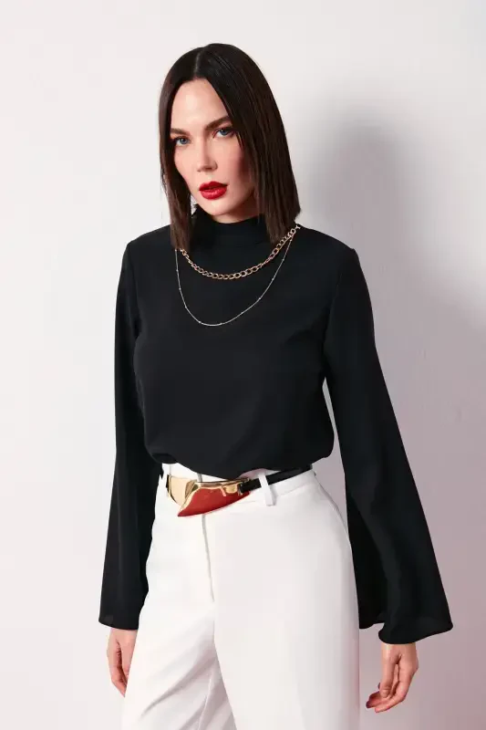Collar Spanish Sleeve Blouse - Black - 2