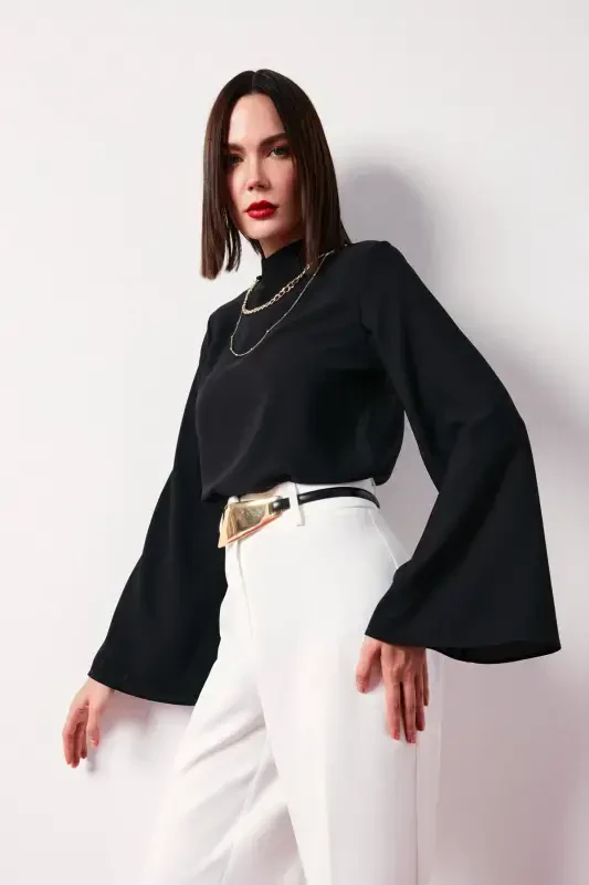 Collar Spanish Sleeve Blouse - Black - 5