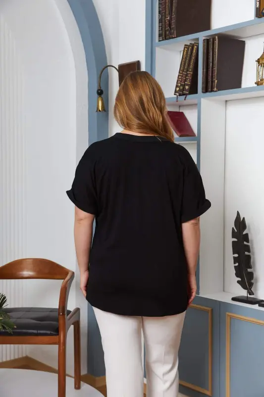 Collar Stone Embroidered Plus Size Black Blouse - 6