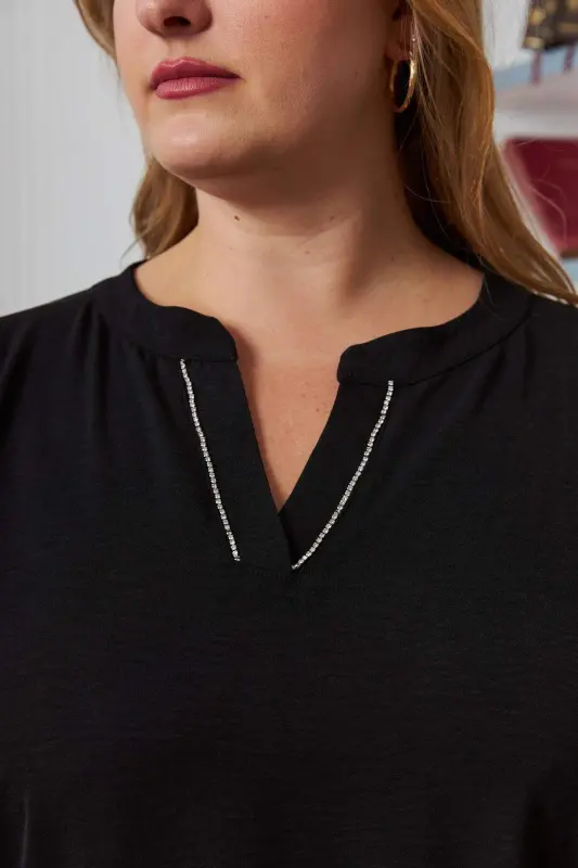 Collar Stone Embroidered Plus Size Black Blouse - 7