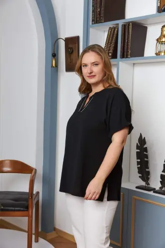 Collar Stone Embroidered Plus Size Black Blouse - 3