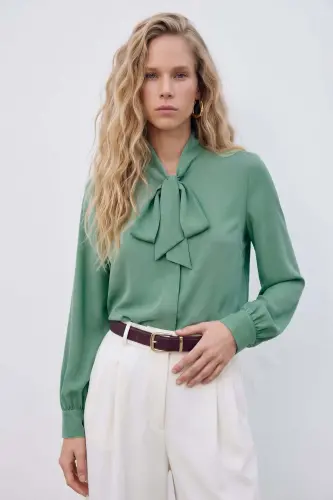 Collar Tie-Front Plain Shirt - Sage Green - Sage Green 