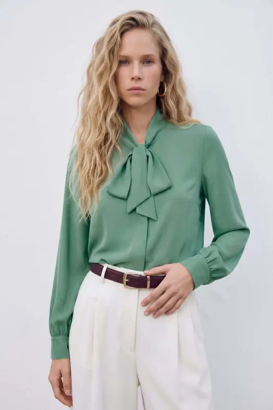 Collar Tie-Front Plain Shirt - Sage Green - Sage Green - SATEEN
