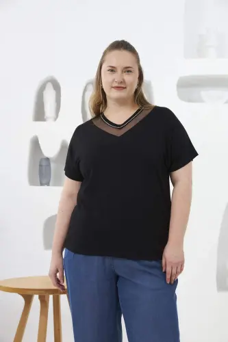 Collar Tulle And Stone Detailed Plus Size T-Shirt Black - 1