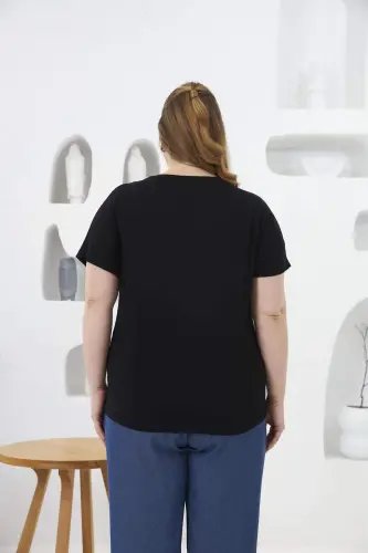 Collar Tulle And Stone Detailed Plus Size T-Shirt Black - 6