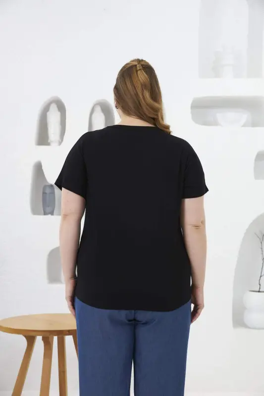 Collar Tulle And Stone Detailed Plus Size T-Shirt Black - 5