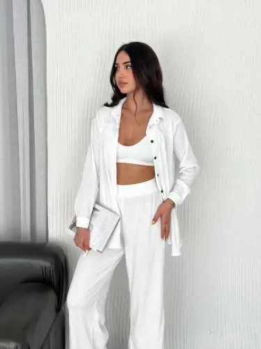 Collared Button-Down Long Sleeve Shirt and Pants Set - White - 1