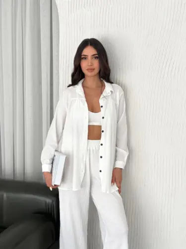 Collared Button-Down Long Sleeve Shirt and Pants Set - White - 3