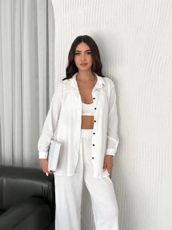 Collared Button-Down Long Sleeve Shirt and Pants Set - White - 3