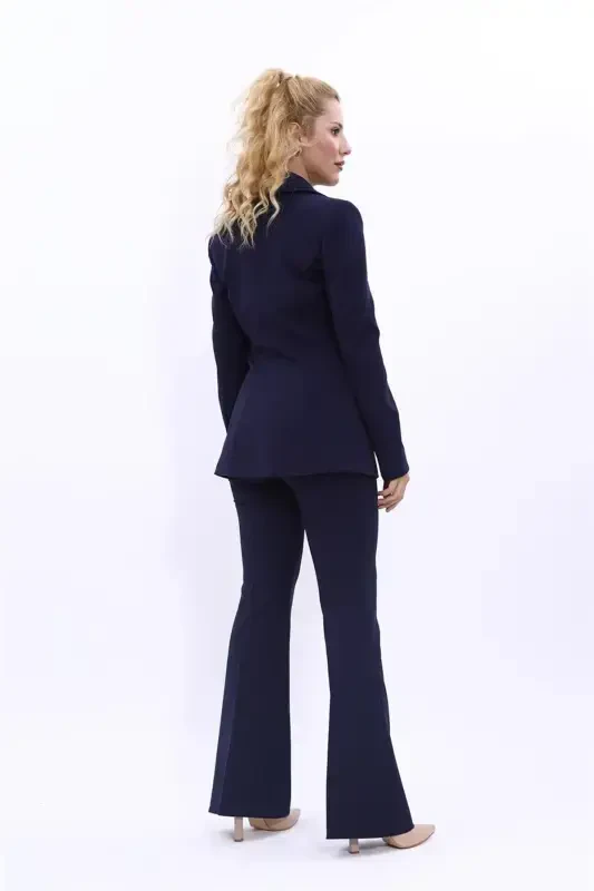 Collared Classic Blazer & Wide Leg Pants Suit - Navy - 4
