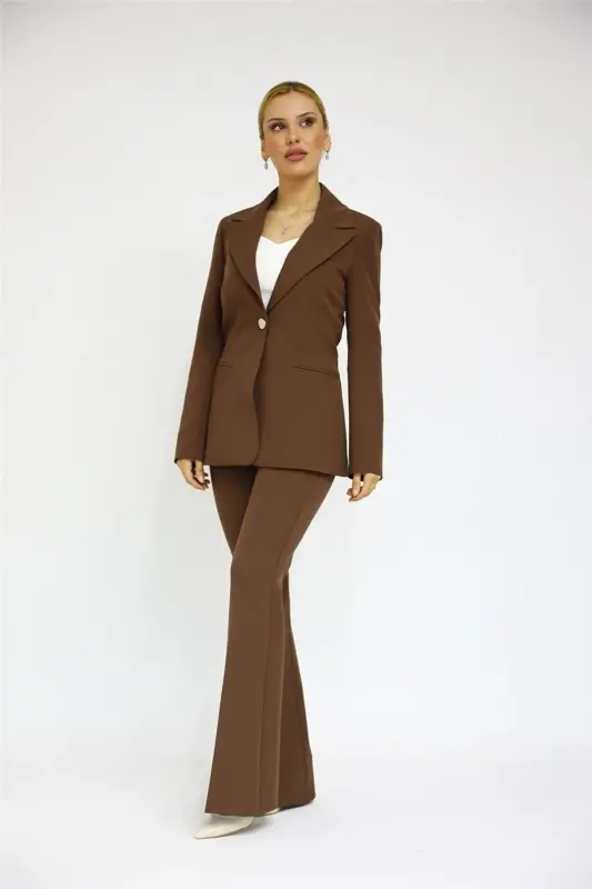 Collared Classic Jacket & Flare Leg Pants Set-Chestnut-Bitter Coffee - 1