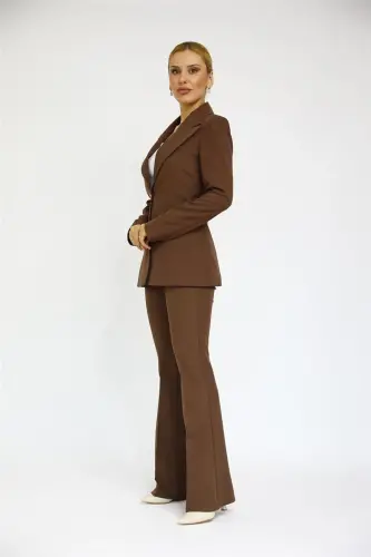 Collared Classic Jacket & Flare Leg Pants Set-Chestnut-Bitter Coffee - 2