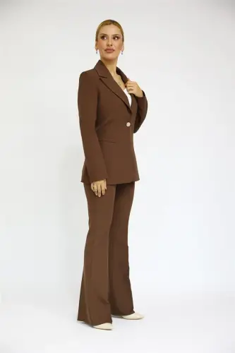 Collared Classic Jacket & Flare Leg Pants Set-Chestnut-Bitter Coffee - 3