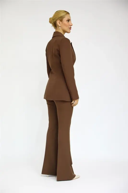 Collared Classic Jacket & Flare Leg Pants Set-Chestnut-Bitter Coffee - 4