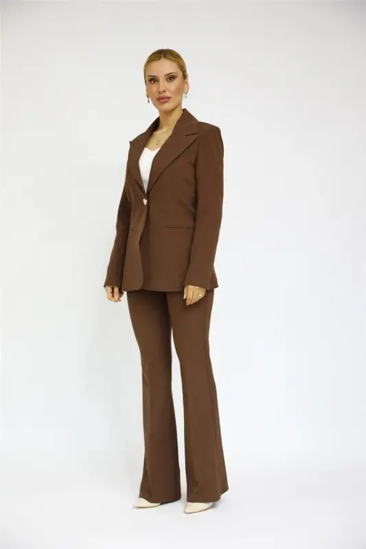 Collared Classic Jacket & Flare Leg Pants Set-Chestnut-Bitter Coffee - 5